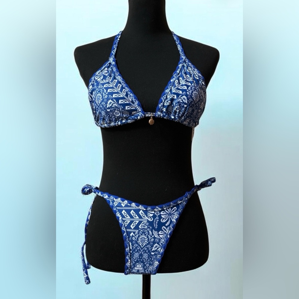 Blue Printed Triangle Bikini Set - Women Swim